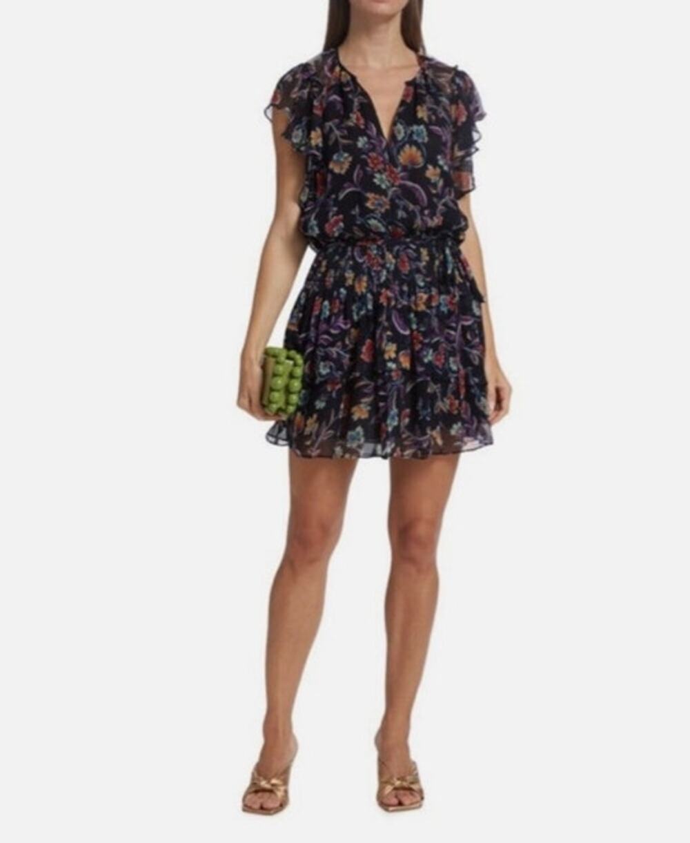 Ramy Brook Averill Floral Ruffle Mini Dress Navy Multicolor Smocked Size Small
